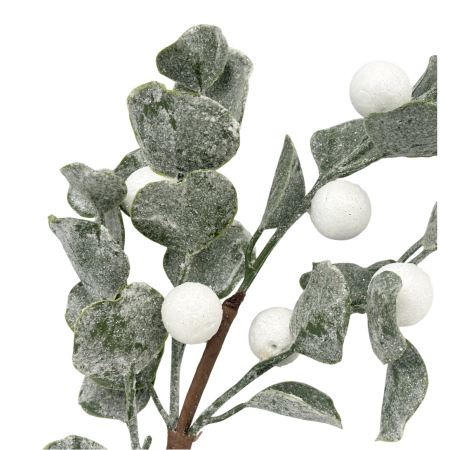 Ramură decorativă cu frunze verzi și bobițe albe ninse FREEZY, 50cm [1]