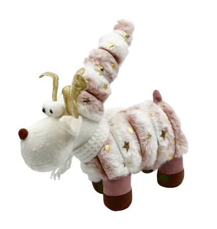 CRACIUN MAGIC - Ren decorativ roz pudrat cu coarne aurii și eșarfă albă