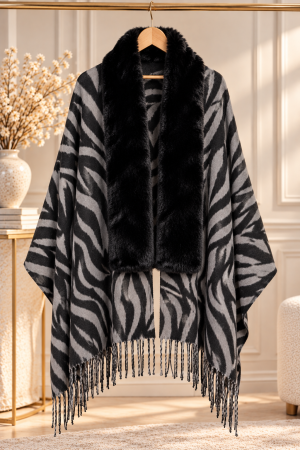 Saluri & Fulare - Sal Poncho Cashmere ZEBRA NOIR - Gri cu Negru