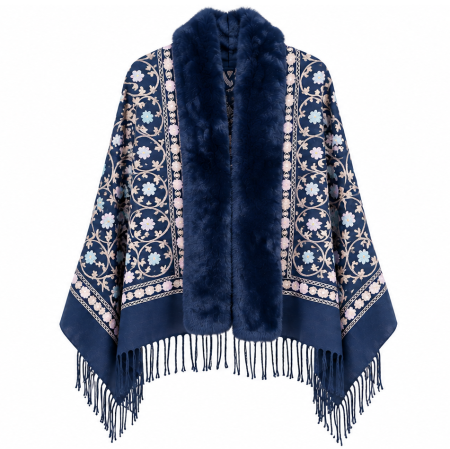 Saluri & Fulare - Sal Poncho cu blana si broderie Cashmere DAPHNE - Bleumarin