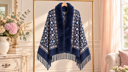 Sal Poncho cu blana si broderie Cashmere DAPHNE - Bleumarin [2]