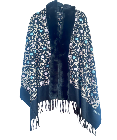 Sal Poncho cu blana si broderie Cashmere DAPHNE - Bleumarin [1]