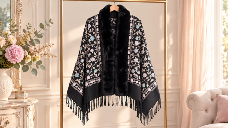 Sal Poncho neagra cu blanita artificiala si broderie Cashmere DAPHNE [2]