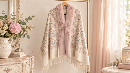 Sal Poncho cu blana si broderie florala DAPHNE - bej [1]