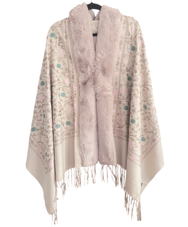 Saluri & Fulare - Sal Poncho cu blana si broderie florala DAPHNE - bej