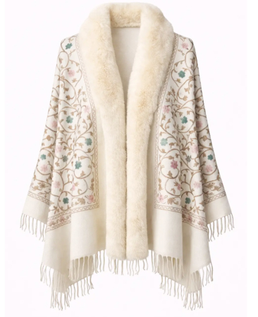 Sal Poncho cu blana si broderie florala Cashmere DAPHNE - Ivoire