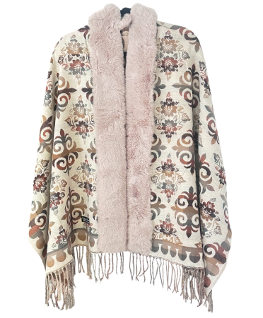 Saluri & Fulare - Sal Poncho cu blana si franjuri Cashmere ROYAL - crem