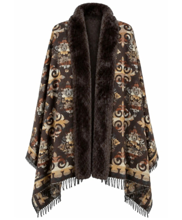 Saluri & Fulare - Sal Poncho cu blana si franjuri Cashmere ROYAL - Maro inchis