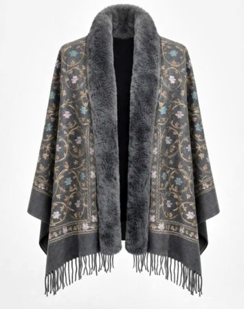 Saluri & Fulare - Sal Poncho gri cu blanita artificiala si broderie Cashmere DAPHNE
