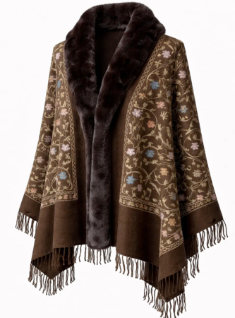 Saluri & Fulare - Esarfa tip Poncho maro cu blanita artificiala si broderie Cashmere DAPHNE