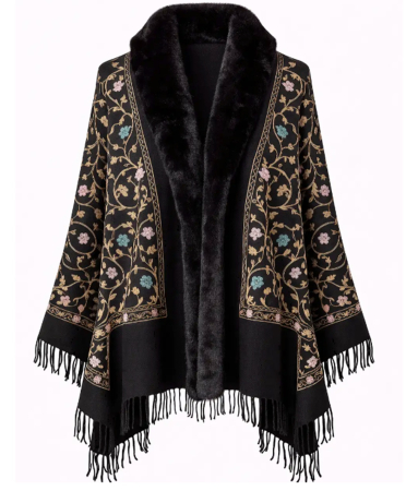Sal Poncho neagra cu blanita artificiala si broderie Cashmere DAPHNE [1]