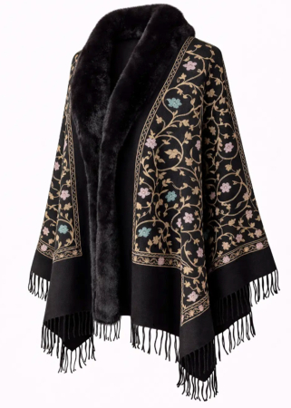 Saluri & Fulare - Sal Poncho neagra cu blanita artificiala si broderie Cashmere DAPHNE