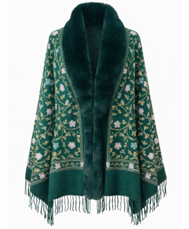 Sal Poncho casmir cu blana si broderie DAPHNE - Verde [1]