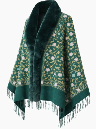 Saluri & Fulare - Sal Poncho casmir cu blana si broderie DAPHNE - Verde