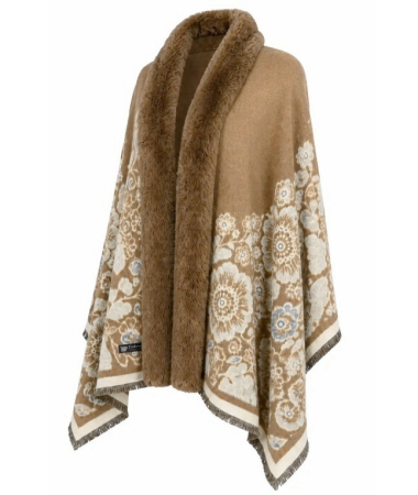 Sal Poncho cu blana si franjuri Cashmere FLORES - Camel [1]