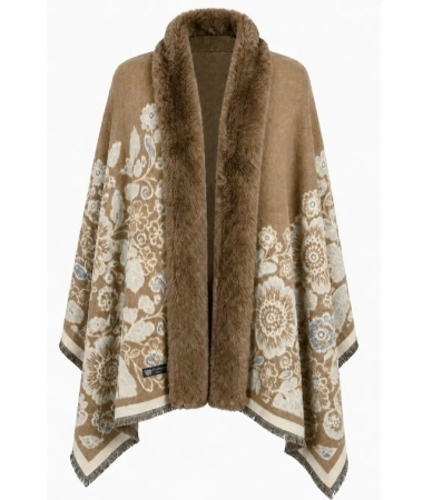 Saluri & Fulare - Sal Poncho cu blana si franjuri Cashmere FLORES - Camel