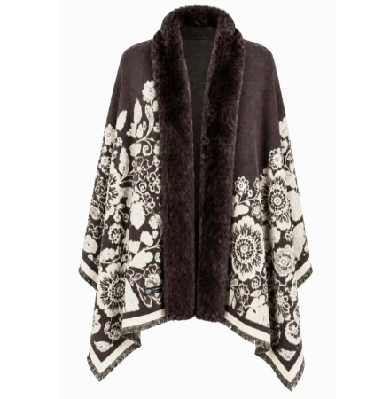 Saluri & Fulare - Sal Poncho cu blana si franjuri Cashmere FLORES - Maro inchis
