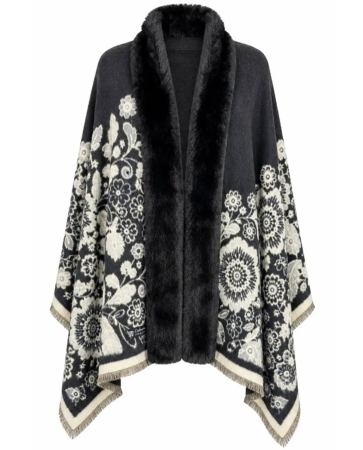 Saluri & Fulare - Sal Poncho cu blana si franjuri Cashmere FLORES - Negru