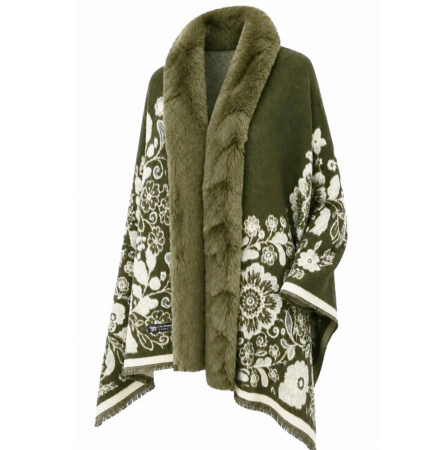 Sal Poncho cu blana si franjuri Cashmere FLORES - Verde [1]