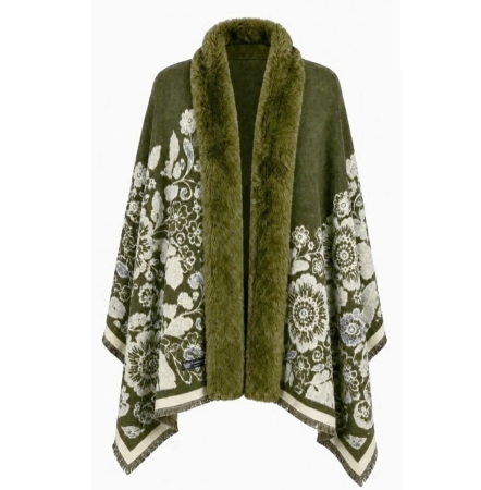 Saluri & Fulare - Sal Poncho cu blana si franjuri Cashmere FLORES - Verde