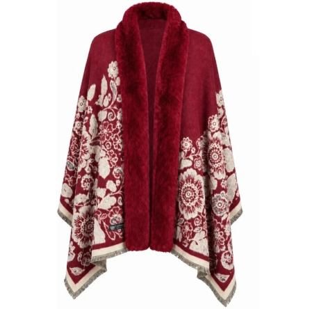 Saluri & Fulare - Sal Poncho cu blana si franjuri Cashmere FLORES - Bordo