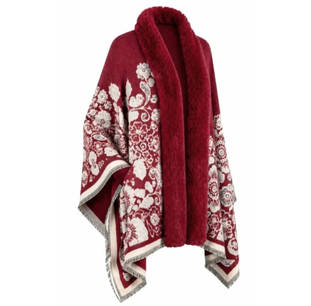 Sal Poncho cu blana si franjuri Cashmere FLORES - Bordo [1]