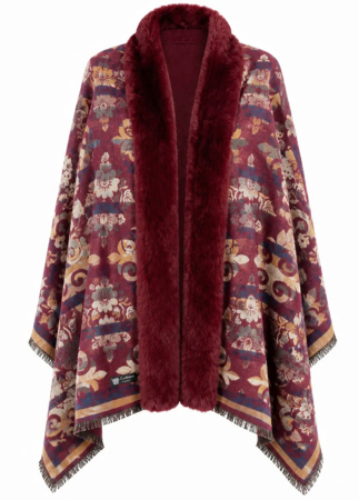 Saluri & Fulare - Sal Poncho cu blana si franjuri Cashmere ROYAL - Bordo