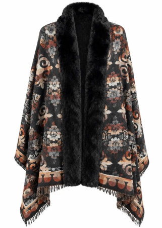 Saluri & Fulare - Sal Poncho cu blana si franjuri Cashmere ROYAL - Negru