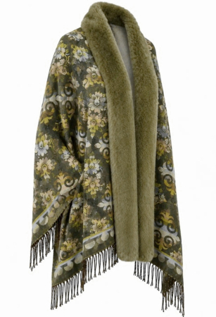 Sal Poncho cu blana si franjuri Cashmere ROYAL - Verde kaki [1]