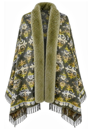 Saluri & Fulare - Sal Poncho cu blana si franjuri Cashmere ROYAL - Verde kaki