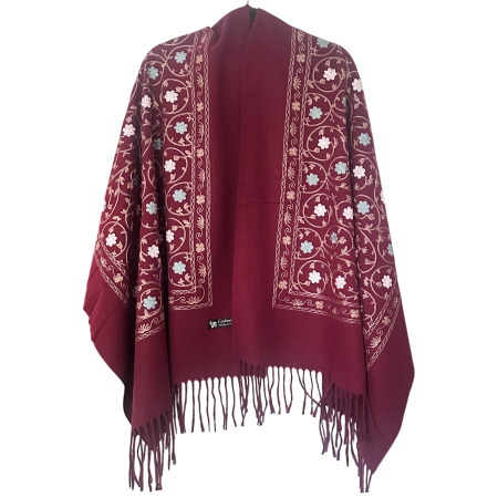 Saluri & Fulare - Sal Poncho cu broderie si franjuri Cashmere CHLOE - Burgundy
