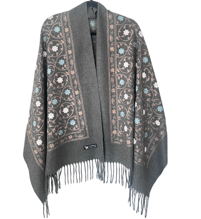 Saluri & Fulare - Sal Poncho cu broderie si franjuri Cashmere CHLOE - Gri