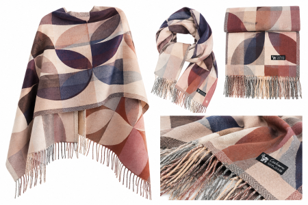 Sal Poncho cu model geometric ECLIPSE, Bej/ Maro roscat [3]