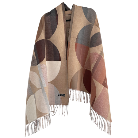 Esarfe Toamna & Iarna - Sal Poncho cu model geometric ECLIPSE - Maro Camel/ Gri