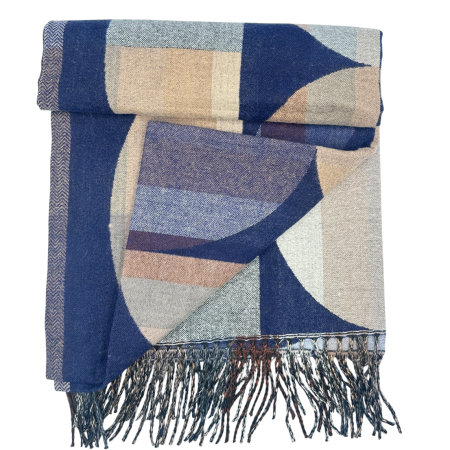 Sal Poncho cu model geometric si franjuri ECLIPSE, Bleumarin/ Bej [2]