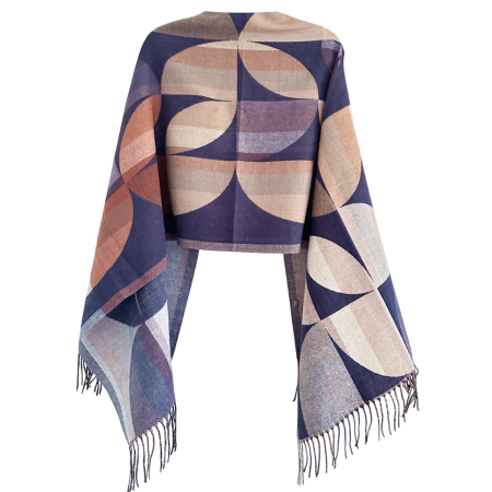 Sal Poncho cu model geometric si franjuri ECLIPSE, Bleumarin/ Bej [1]
