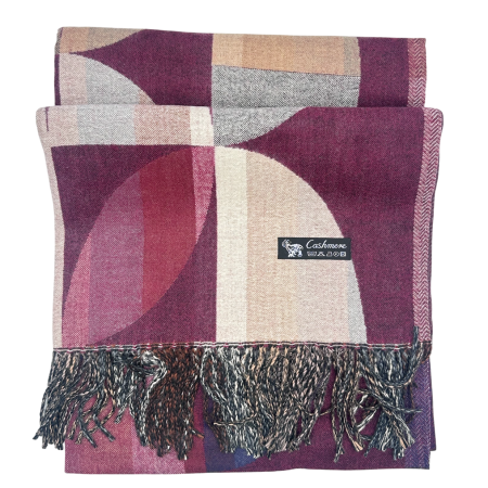 Sal Poncho cu model geometric si franjuri ECLIPSE, Burgundy/ Bej [3]