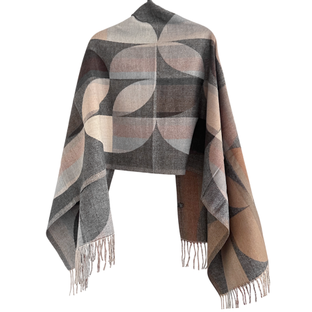Saluri & Fulare - Sal Poncho cu model geometric si franjuri ECLIPSE, Gri/ Bej