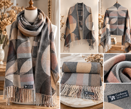 Sal Poncho cu model geometric si franjuri ECLIPSE, Gri/ Bej [2]