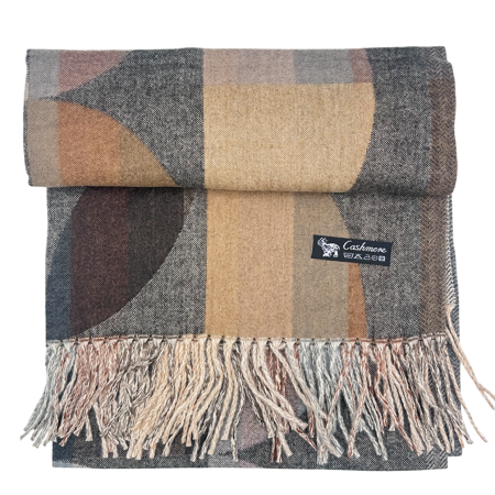 Sal Poncho cu model geometric si franjuri ECLIPSE, Gri/ Bej [3]