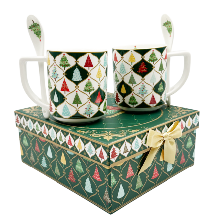 CANI & CESTI CRACIUN - Set 2 Cani din Portelan cu Lingurita DIAMOND – Model Braduti