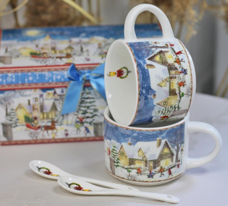 Set 2 Cesti din Portelan cu Lingurita SEASON – Model Peisaj de Iarna, in Cutie Cadou Decorata [3]