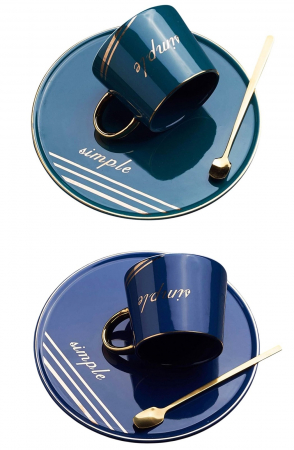 Servire Ceai & Cafea - Set 2 cesti & 2 farfurii DENZEL Verde/ Albastru, 220ml