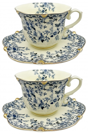 Servire Ceai & Cafea - Set portelan Vintage, 2 Cesti si Farfurii Amelie, 180ml