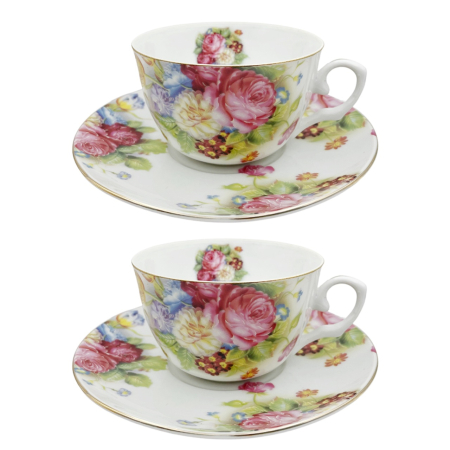 Cesti & Seturi de Cesti - Set 2 Cesti cu Farfurii din Portelan Fin – Model Floral Genevieve