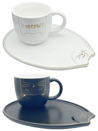 SERVIREA MESEI - Set 2 Cesti cu Farfurii, Pisica MEOW, 200ml