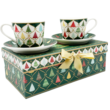 SERVIRE & DECORARE MASA CRACIUN - Set 2 Cesti cu Farfurioare din Portelan DIAMOND – Model Braduti