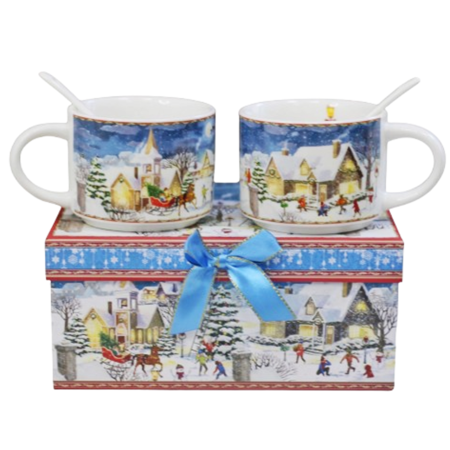 SERVIRE & DECORARE MASA CRACIUN - Set 2 Cesti din Portelan cu Lingurita SEASON – Model Peisaj de Iarna, in Cutie Cadou Decorata