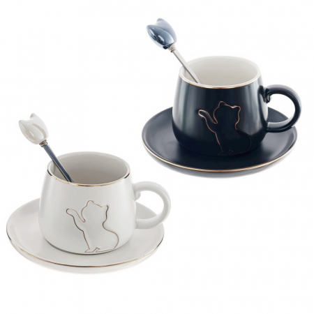 SERVIREA MESEI - Set 2 Cesti cu Pisica si 2 Farfurii CUTE, 180ml