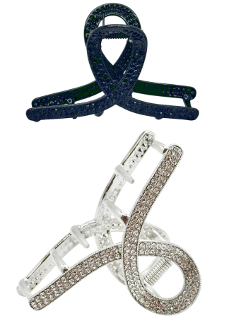 MODA & ACCESORII - Set 2 Clame de Par LOOPY cu strasuri - Argintiu/ Negru